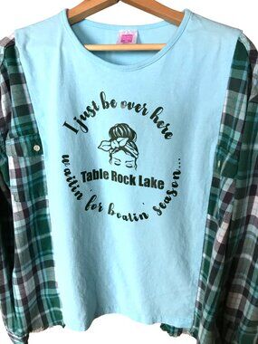 Table Rock Lake Oversized Graphic T-shirt, Boating Theme Flannel Tee Upcycle M-L